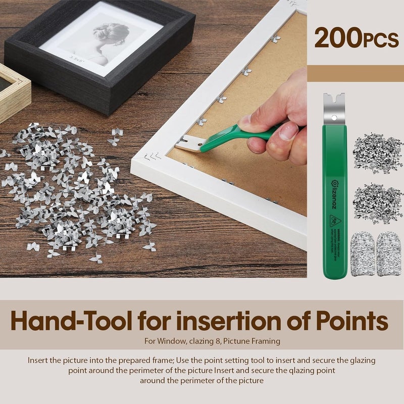 lizenoz Glazier Point Driver Tool with 200 Glazing Points & 2 Finger Cots - for Framing Glass, Pictures, Cross Stitch - Rust-Resistant Iron/Zinc Push Points, Easy-Grip Handle - Image 2
